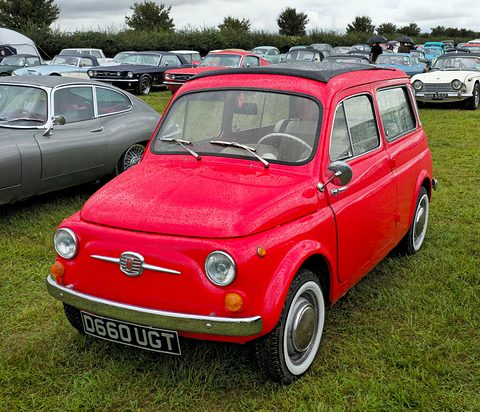 Red small estate car with white-wall tyres parked on grass among rows of classic cars. Opens a larger view
