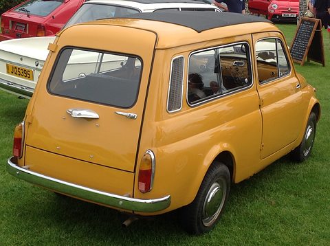 Rear of a mustard-yellow small estate car with a black roof and chrome bumper on grass. Opens a larger view