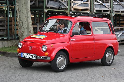 Red small estate car with a rally plate on the bonnet, a woman at the wheel, under plane trees. Opens a larger view