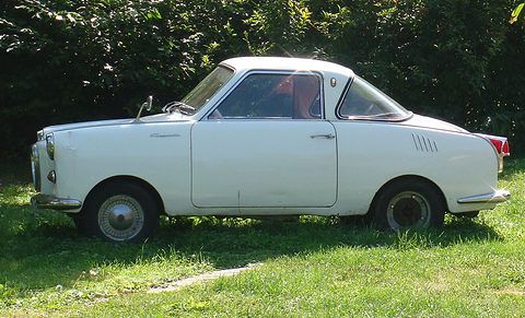 White coupé in side view on a sunny lawn in front of dark trees. Opens a larger view