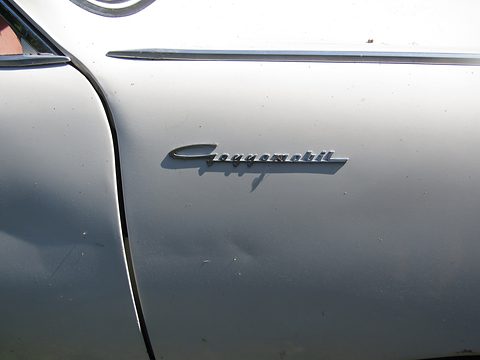 Close-up of a chrome script badge on silver-grey paint below a chrome side strip. Opens a larger view