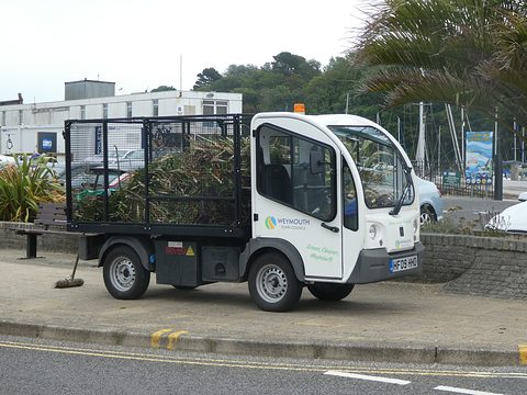 White narrow electric utility truck with a cage body full of cut foliage parked on a seafront pavement. Opens a larger view