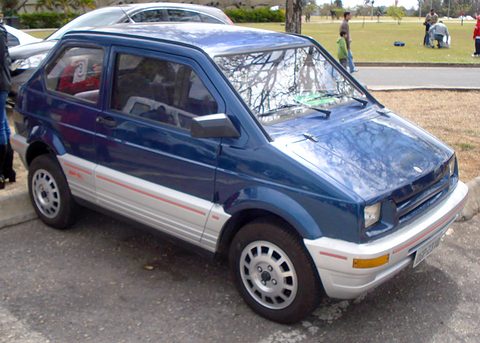 Dark blue and silver small hatchback with a short nose and rectangular lamps, parked on grass with people behind.