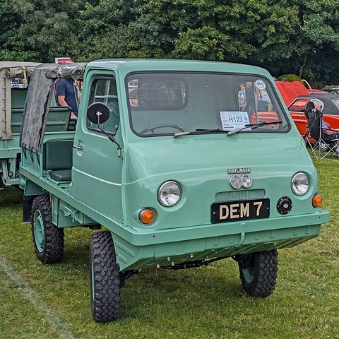 Front of a pale green small truck with a rounded cab, Steyr and Puch badges and round headlamps. Opens a larger view