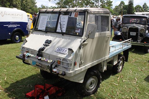 Front of a pale grey small 4x4 with a cab, roof rails and badges on its bumper, on grass. Opens a larger view