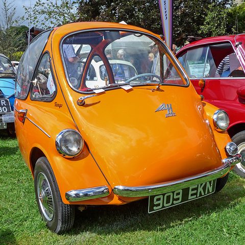 Orange bubble car with registration 909 EKN on grass among other classic cars. Opens a larger view