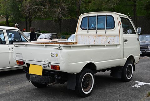 Rear of a white small pick-up with a guard frame behind the cab and a yellow plate. Opens a larger view