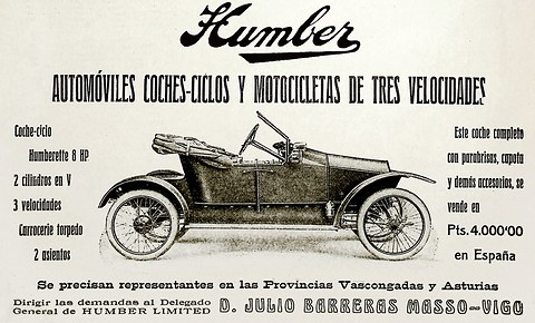 Printed advertisement with a drawing of a small open two-seater, the Humber script and Spanish text.