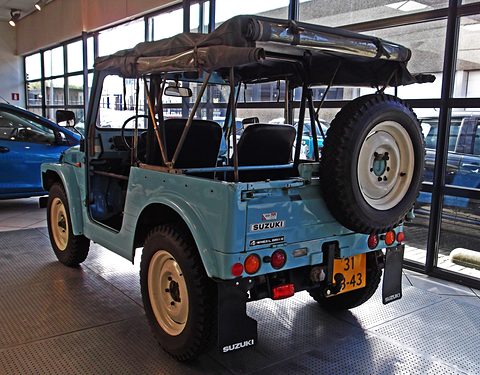 Rear quarter of a pale blue open small 4x4 with a folded black top, a white-rimmed spare wheel on the tail and mud flaps, on a perforated floor. Opens a larger view