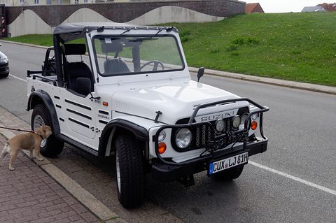 White open small 4x4 with a black roll bar, a front bull bar with lamps and a German plate, parked on a street by a grassy dyke. Opens a larger view