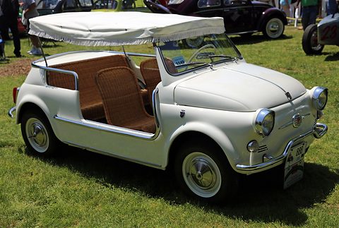 White open Fiat 500 without doors, two wicker benches behind a low windscreen, under a white fringed awning on grass. Opens a larger view