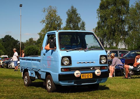 Light blue cab-over pickup on grass with a Dutch yellow plate, people sitting behind. Opens a larger view