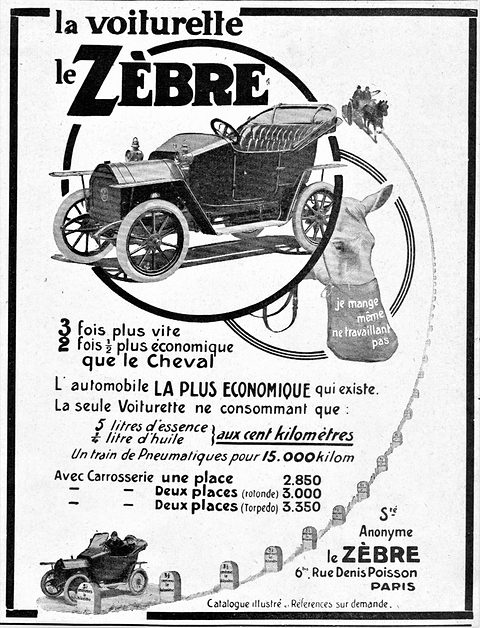 Black and white advertisement with a drawing of a small open car, slogans and a price list.
