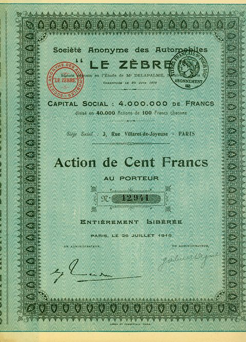 Green printed share certificate with a decorative border, two stamps and a serial number.