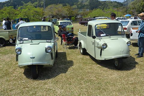Two pale green three-wheeled trucks on grass, one with an open-sided cab and one with a closed cab. Opens a larger view