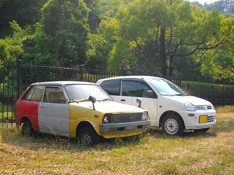 An abandoned red, white and yellow small van in long grass next to a newer white van. Opens a larger view
