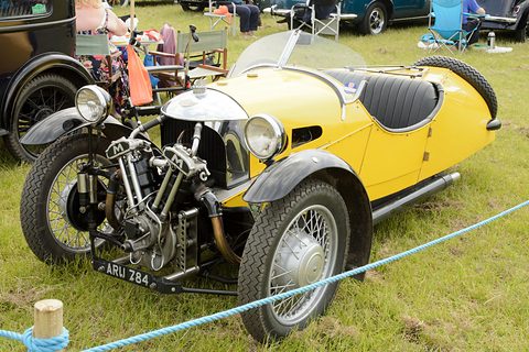 A yellow beetle-backed three-wheeler with an exposed V-twin and black wings on grass behind a blue rope. Opens a larger view