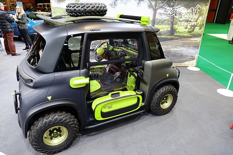 Rear of a khaki and lime-green open two-seater with a spare wheel on the roof and off-road tyres. Opens a larger view