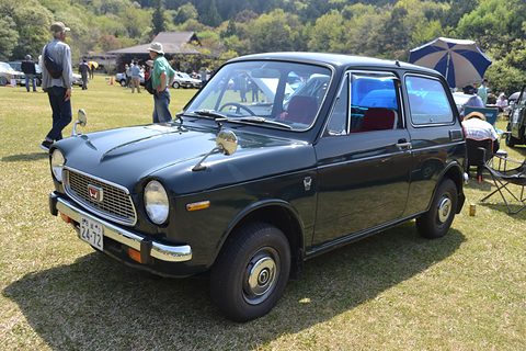 Black small saloon on grass with visitors and parasols behind. Opens a larger view