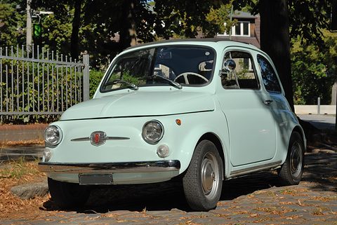 Pale mint-green Fiat 500 parked on leaf-strewn cobbles beside a railing, in dappled sunshine. Opens a larger view