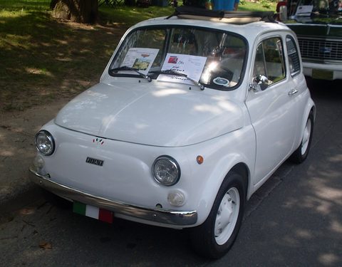 White Fiat 500 with an Italian-flag sticker and papers on its windscreen, parked in dappled shade. Opens a larger view