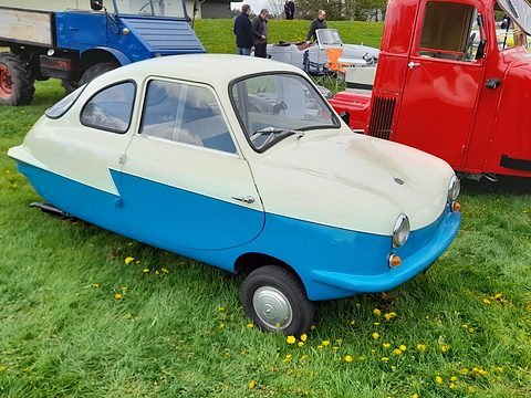 White and blue microcar on grass with dandelions, a red van behind it. Opens a larger view