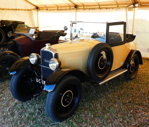 A small yellow two-seat cabriolet with black wings, a spare wheel on its side and a black radiator shell, on grass. Opens a larger view