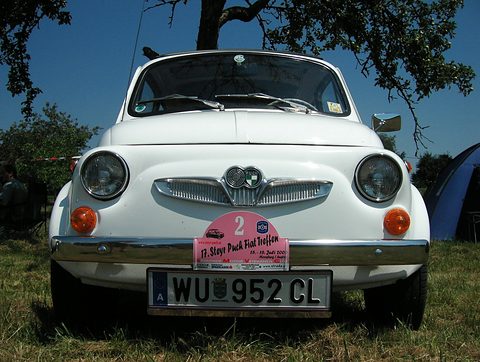 White small car head-on under an apple tree, chrome bumper, winged grille with twin badge, pink rally plaque and Austrian plate. Opens a larger view
