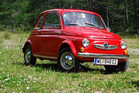 Red small saloon with chrome bumper and Austrian plate on a flowery meadow, larch forest behind. Opens a larger view