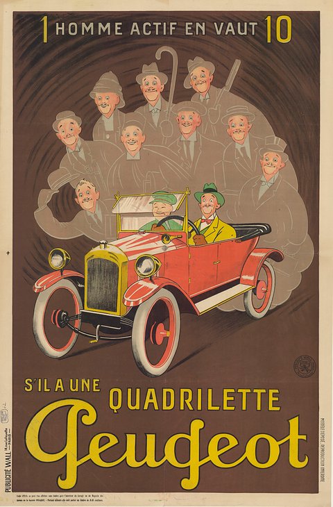A colour poster of a smiling man driving a red open car, ten grey men in hats crowded behind him, yellow lettering below. Opens a larger view