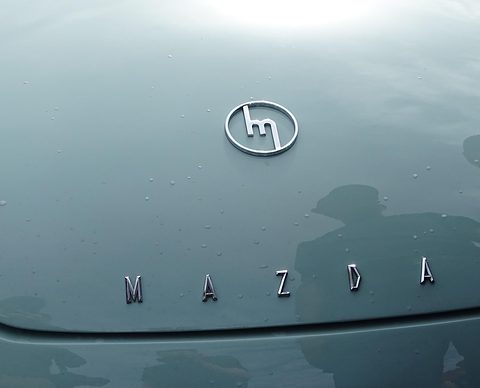 A round chrome badge with a stylised m above spaced chrome letters on pale green paint. Opens a larger view