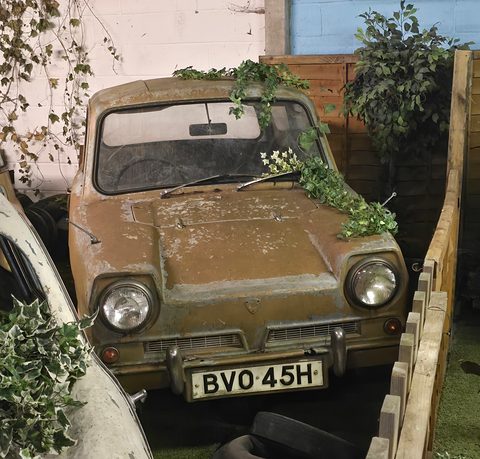 Rusting olive-green three-wheeler with ivy over the bonnet, set among planters and fencing. Opens a larger view