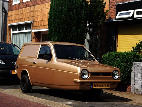 Metallic bronze three-wheeled van parked by a hedge in front of brick houses. Opens a larger view