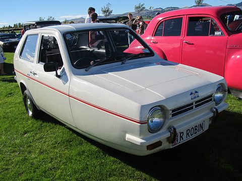 White three-wheeler with a thin red stripe and an R ROBIN plate on grass, a pink car beside it. Opens a larger view