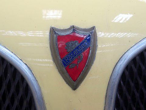 A red and blue enamel shield badge on cream paintwork between the two halves of a black mesh grille. Opens a larger view