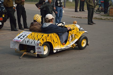 Rear three-quarter of a striped miniature car with rally number 45 and two occupants, onlookers standing behind. Opens a larger view