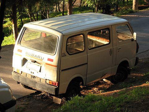 Rear of a cream small van with a SUBARU badge parked on a shaded grass verge. Opens a larger view