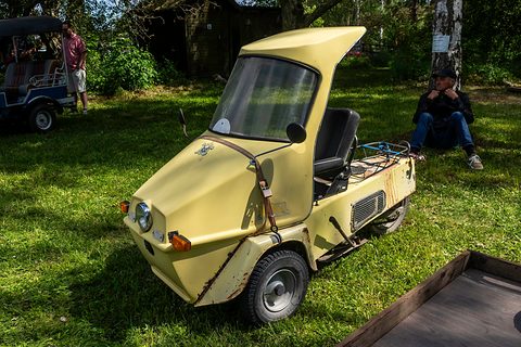 Weathered pale yellow three-wheeler with its canopy raised and a black seat, on grass under trees. Opens a larger view