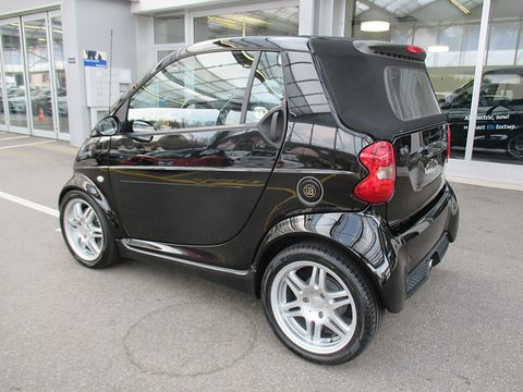 Rear of a glossy black two-seat convertible with closed roof, round tail lamps and multi-spoke alloy wheels. Opens a larger view