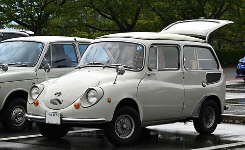 Pale grey small estate with a rounded nose and its rear tailgate open, parked on wet tarmac under trees. Opens a larger view