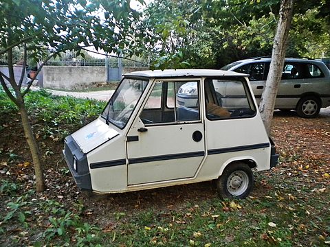 White boxy microcar with a black waist stripe parked on fallen leaves under young trees, a silver estate car behind. Opens a larger view