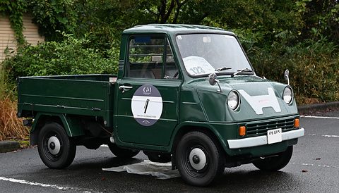 Dark green pickup with a white H badge and a round entry number on the door, parked on wet tarmac by trees. Opens a larger view
