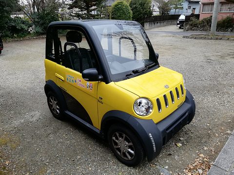 Small yellow and black two-door single-seat electric car with round headlamps, parked on gravel. Opens a larger view