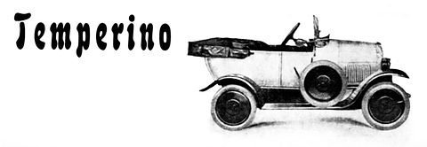 Drawing of a small open tourer with its hood folded beside the word ‘Temperino’ in bold letters.