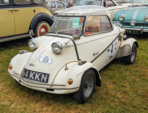 Cream bubble car with a clear canopy and a round rally plate on the nose, parked on grass among other classics. Opens a larger view