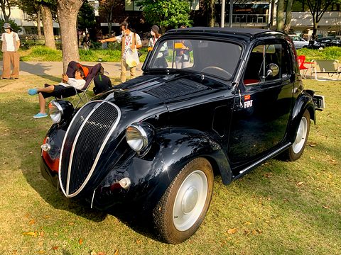 Black small saloon with wing-mounted lamps parked on grass in a park, people sitting behind. Opens a larger view
