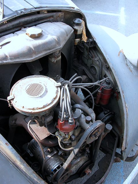 Engine bay with a round air cleaner, distributor and pipework under a grey bonnet. Opens a larger view