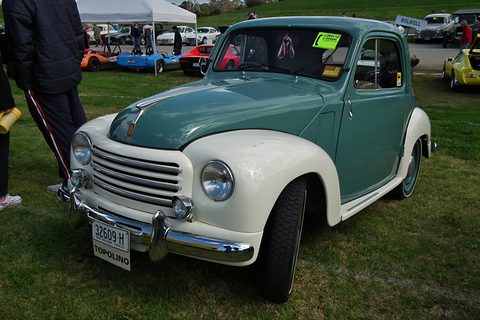 Green small saloon with cream wings and a horizontal-bar grille parked on grass. Opens a larger view