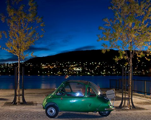 Green bubble car under bare trees by a lake with town lights across the water at dusk