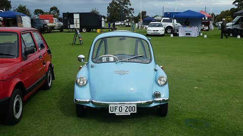Pale blue bubble car seen straight from the front on grass with a personalised plate. Opens a larger view